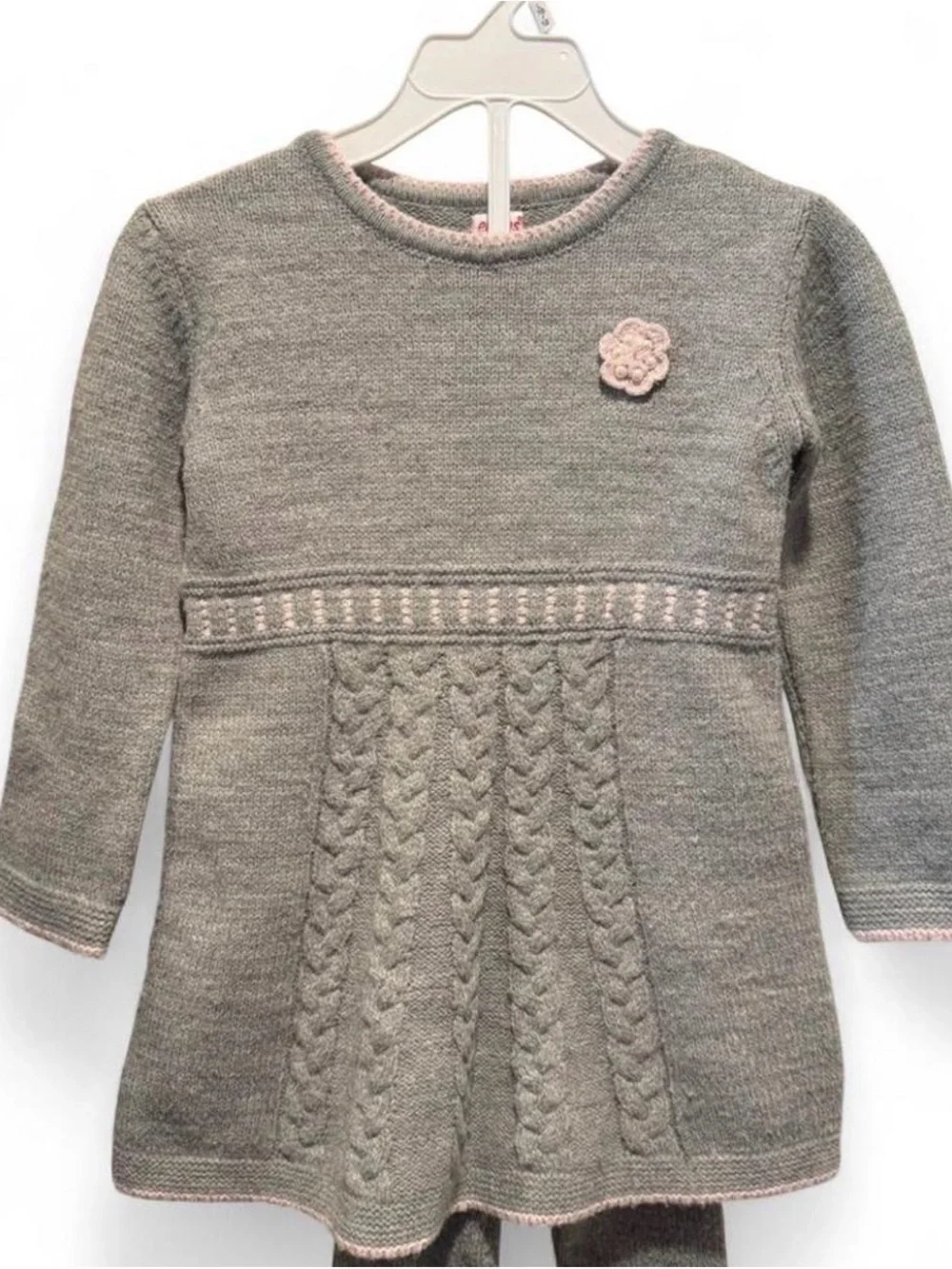 Girls' Gray Knit Dress & Leggings Set with Pink Trim